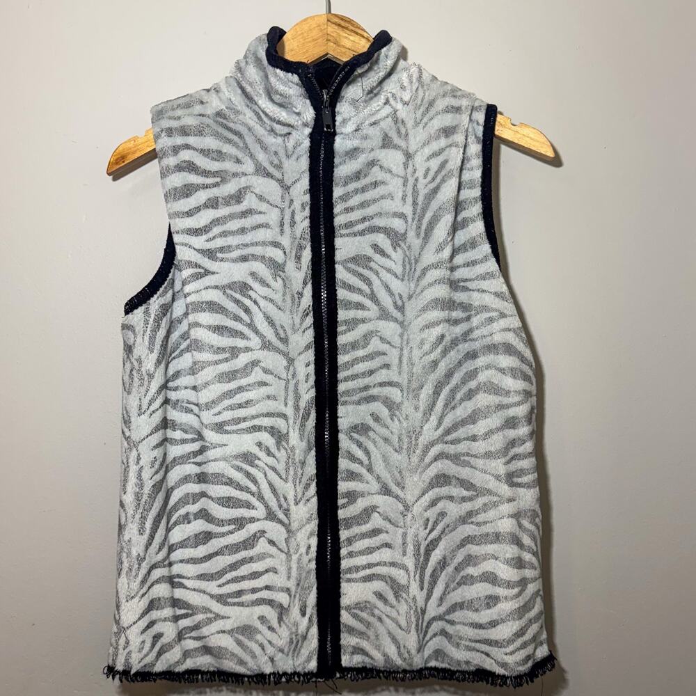 Vintage Reversible Zebra Animal Print & Solid Black Zip Up Mock Neck Vest